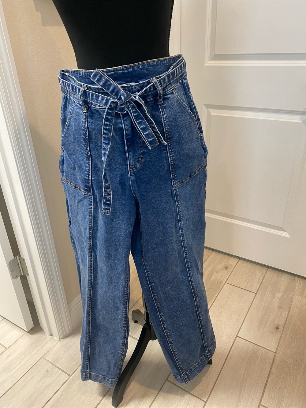Isaac Mizrahi Blue Denim Wide-Leg Paperbag Jeans with Tie Belt